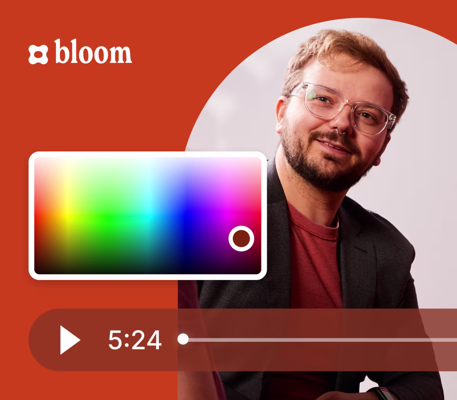 Video software UI showing a color picker on a customizable video player
