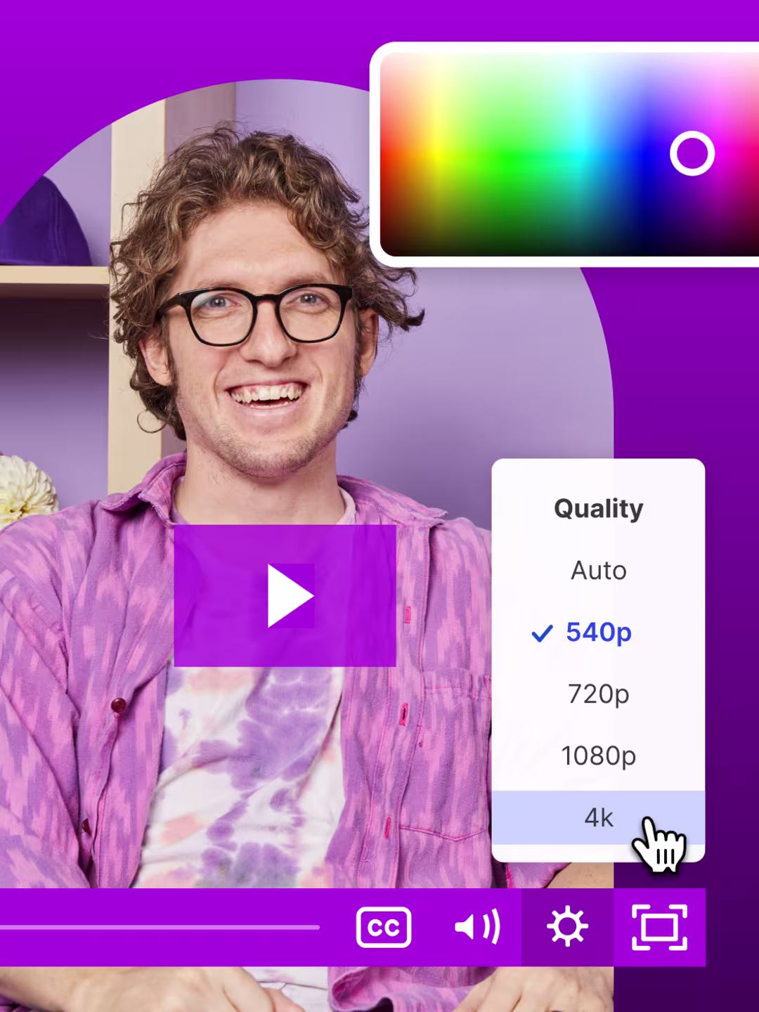 Video software UI showing a video player with quality and player color customization options