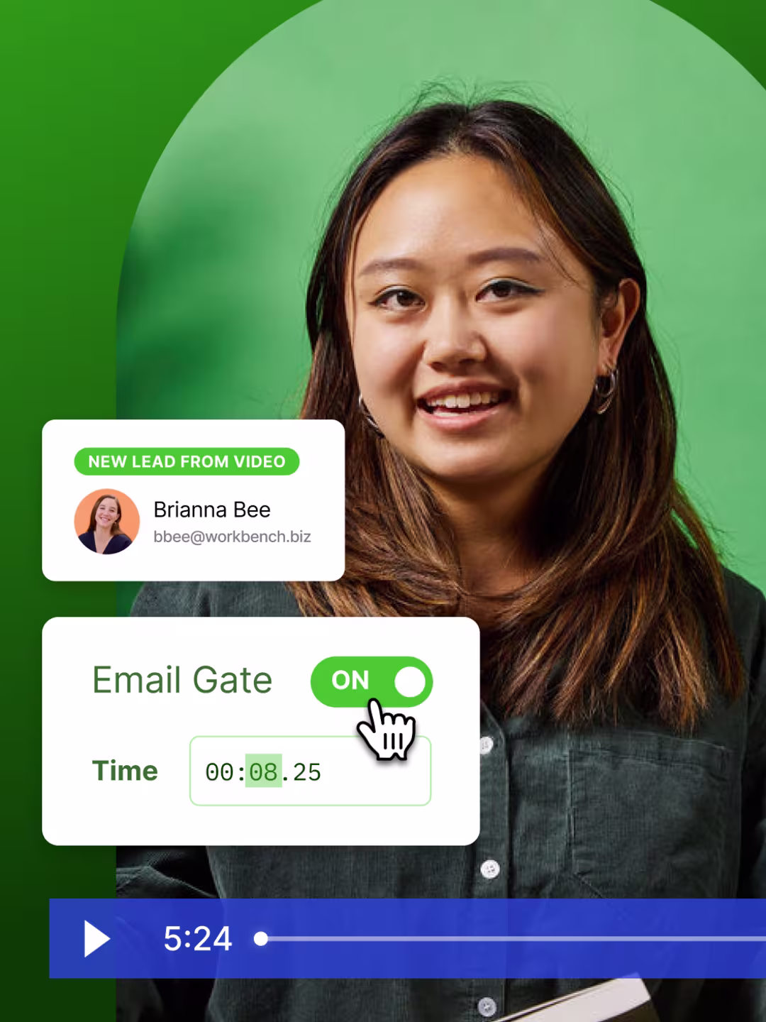 Video software UI showing an email gate on a video and an alert for a new lead from video